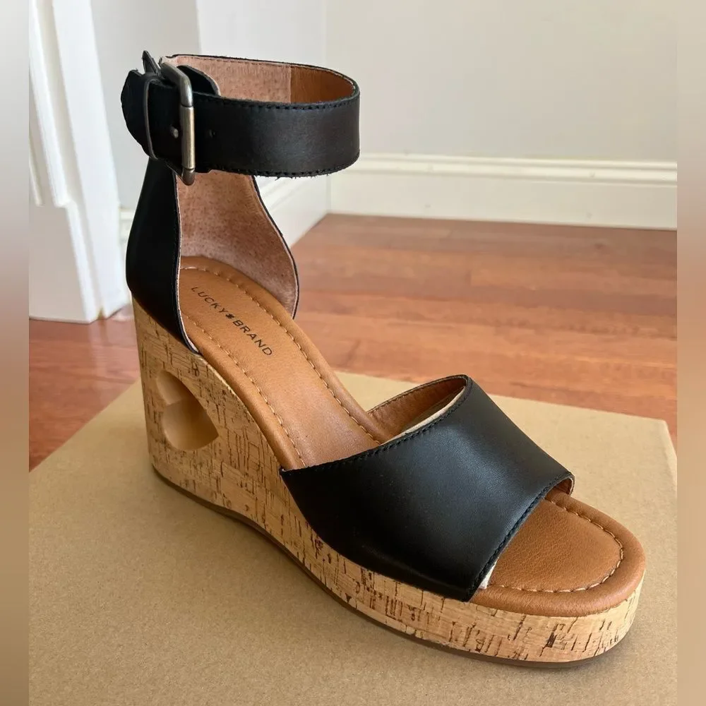 NWT LUCKY‎ BRAND HIMMY HEART BLACK WEDGE SANDAL WEDGES WOMENS NEW IN BOX